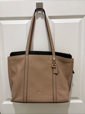 Coach Taupe Leather Tote with Black Zip Trim